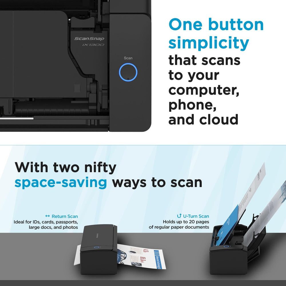 ScanSnap iX1300 scanning action capturing double-sided pages quickly and efficiently