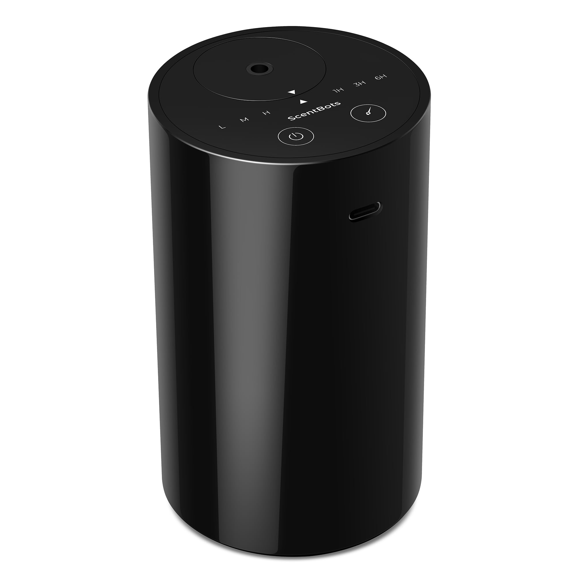 ScentBots front view black diffuser showing sleek design and easy controls for versatile rooms