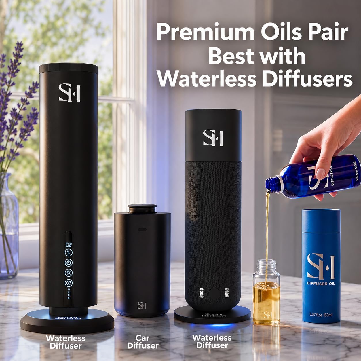 SCENTHORIZON bottle next to active diffuser demonstrating steady scent delivery
