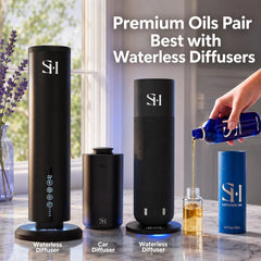 SCENTHORIZON bottle next to active diffuser demonstrating steady scent delivery