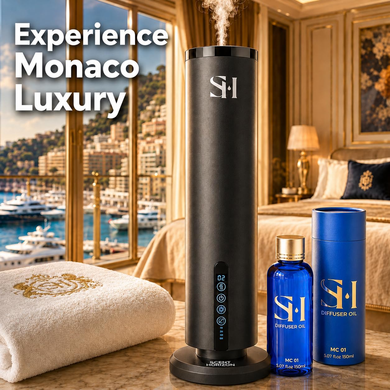 SCENTHORIZON bottle staged in living room showing luxurious atmosphere benefit