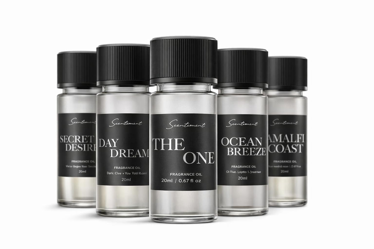 Scentiment pack front view showing five hotel-inspired diffuser oil bottles and refined presentation benefit