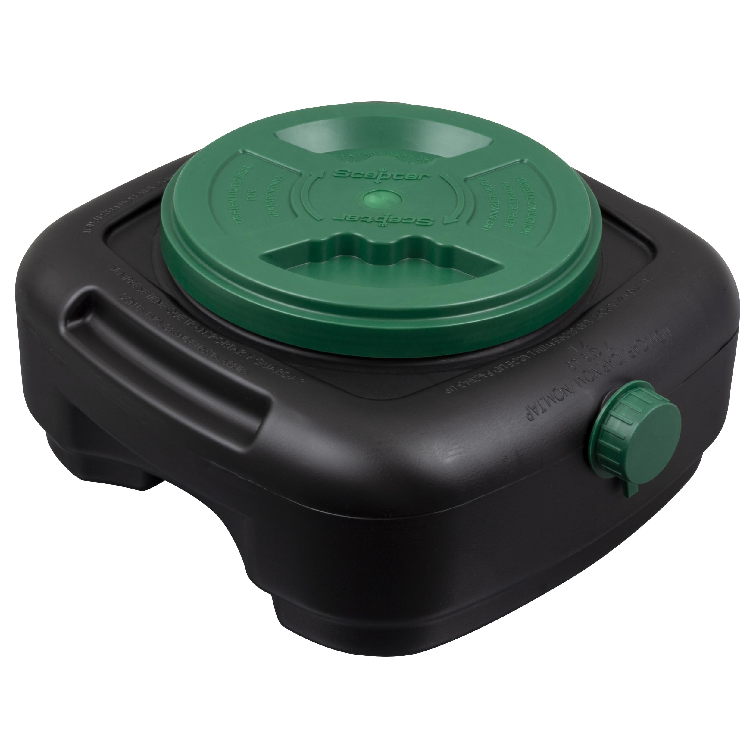 Scepter oil drain pan front view showing lid and hand grips for tidy transport