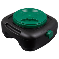 Scepter oil drain pan front view showing lid and hand grips for tidy transport