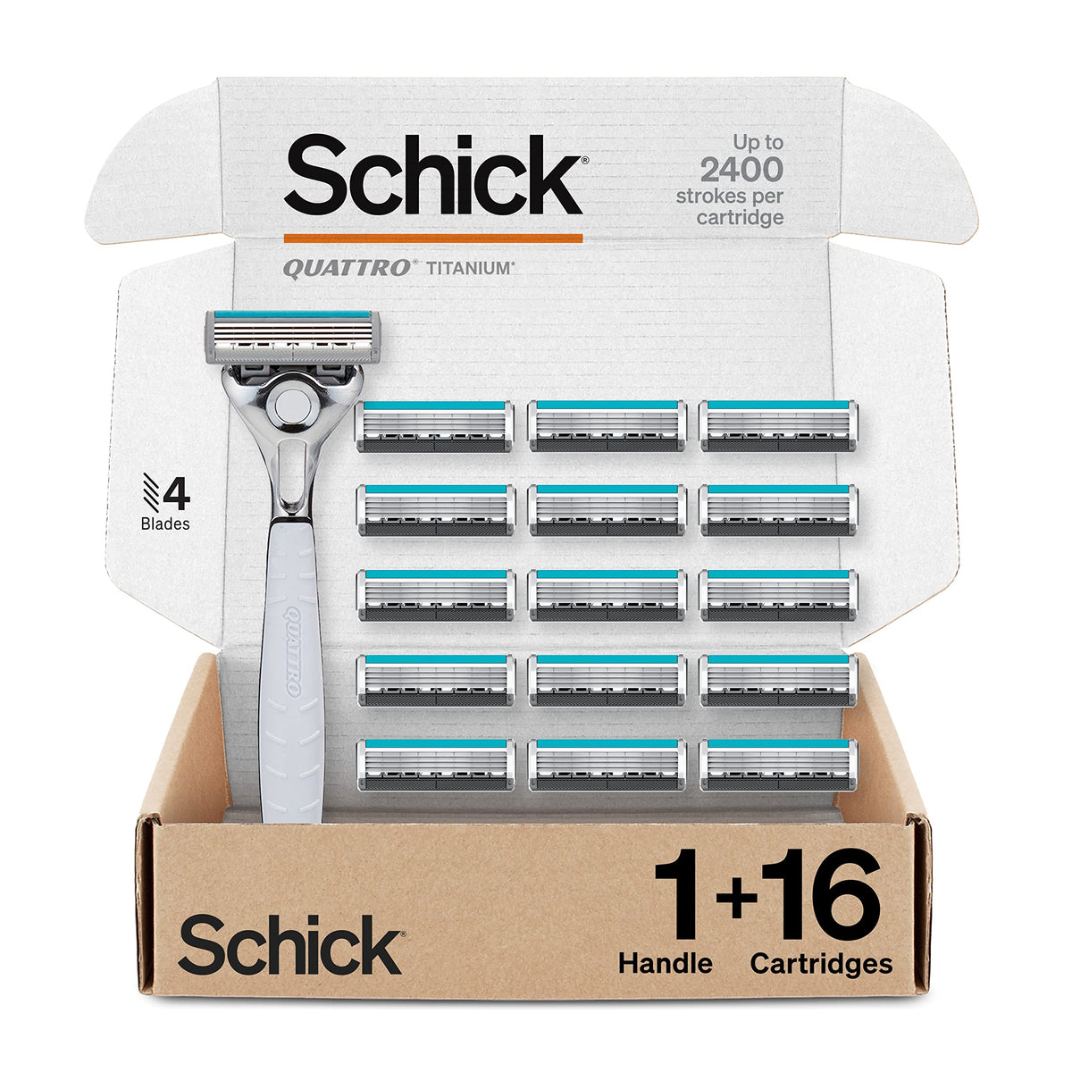 Schick Quattro Titanium front packaging showing product and quantity benefit