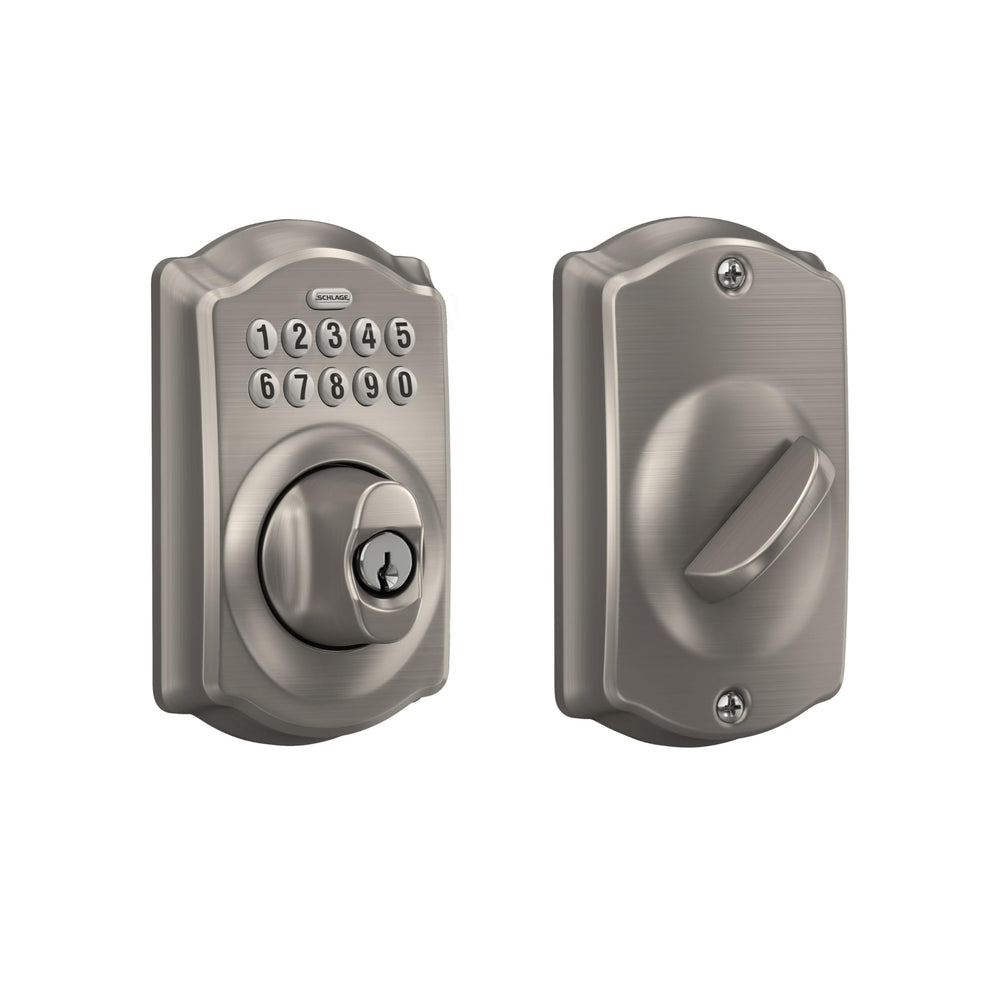 SCHLAGE Camelot front assembly satin nickel showing durable finish and secure look