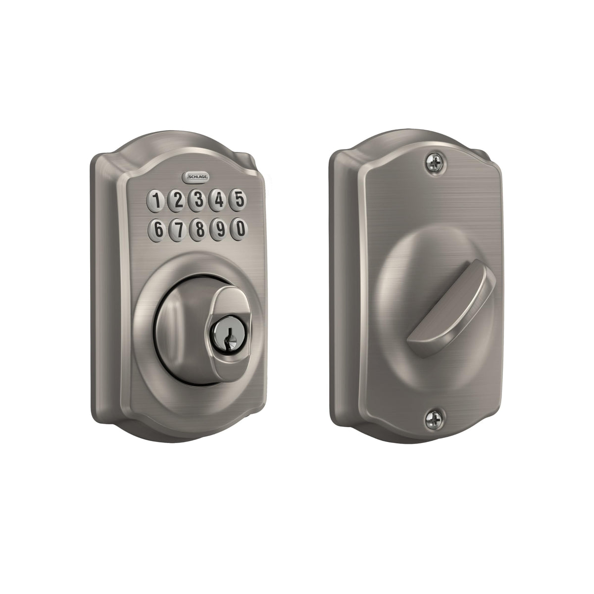 SCHLAGE Camelot front assembly satin nickel showing durable finish and secure look