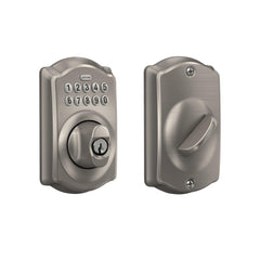 SCHLAGE Camelot front assembly satin nickel showing durable finish and secure look