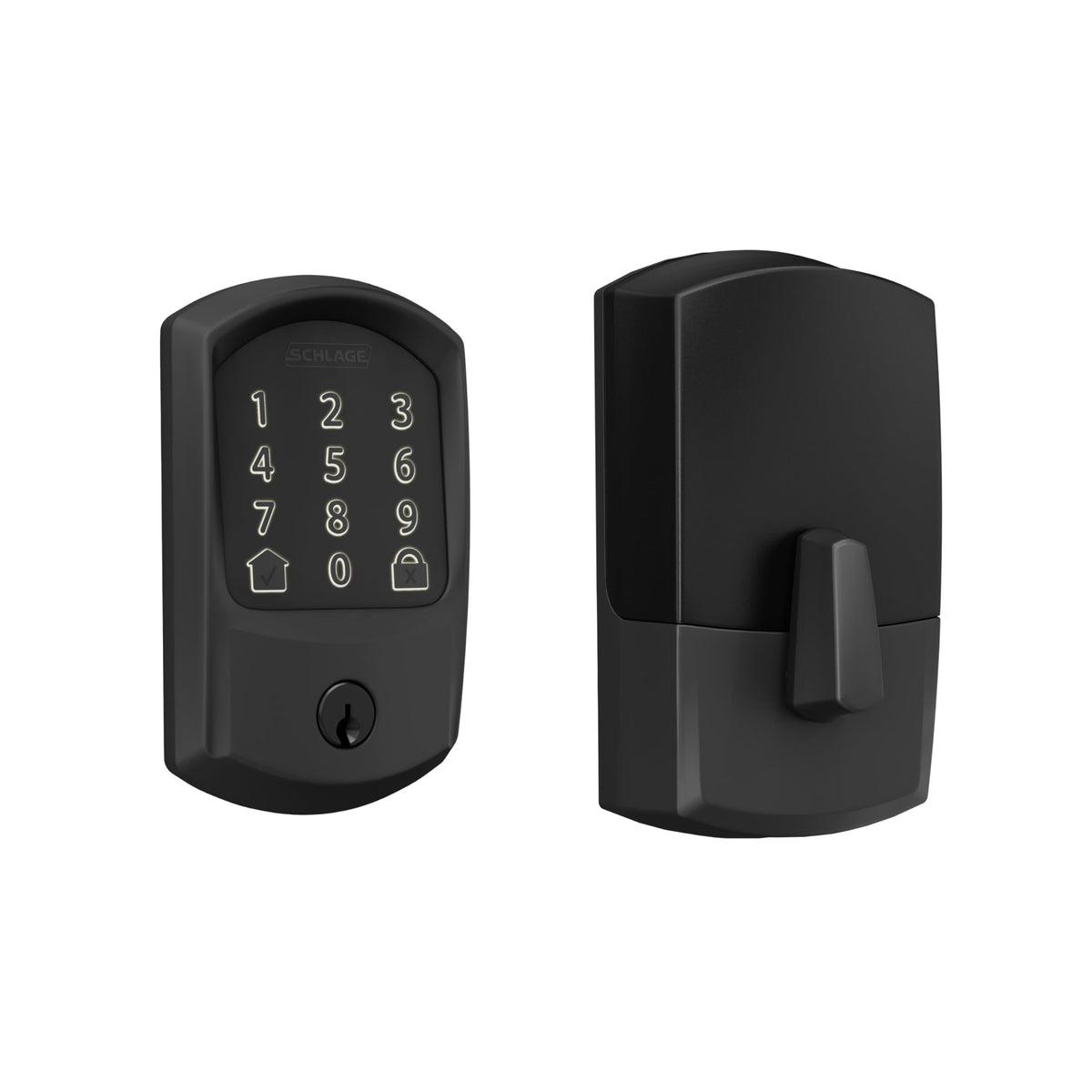 Schlage Encode front view in matte black showing trim and keypad benefit security
