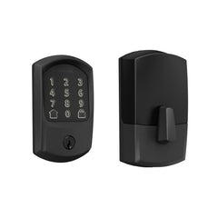 Schlage Encode front view in matte black showing trim and keypad benefit security