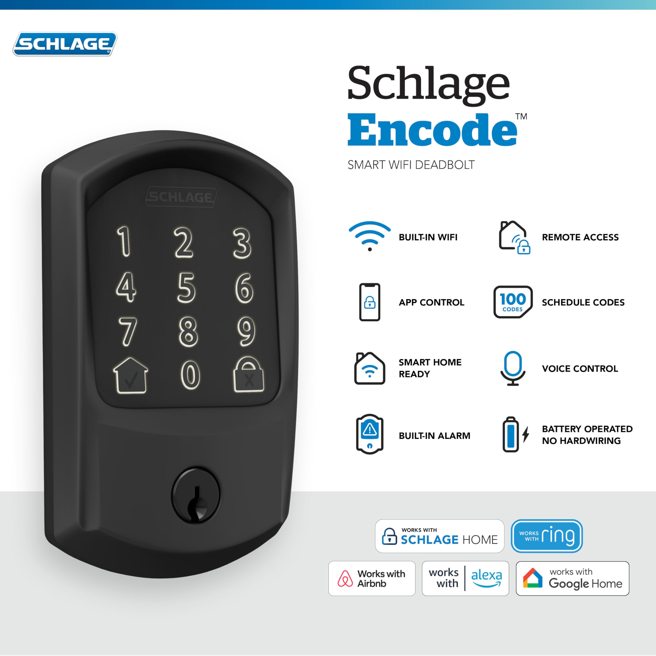 Schlage Encode touchscreen close-up highlighting fingerprint-resistant surface benefit
