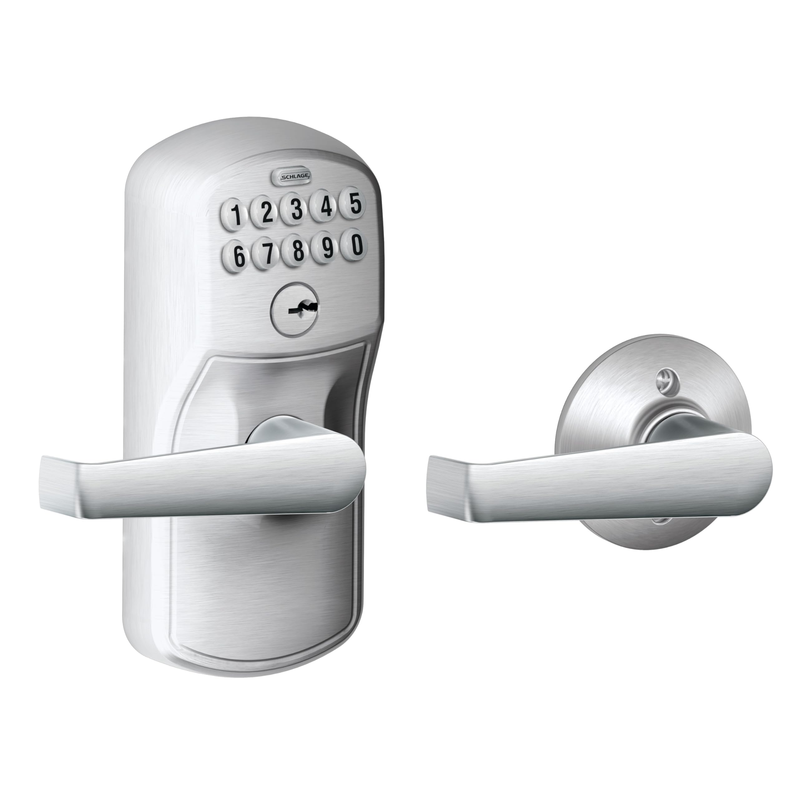 Schlage front view of Plymouth lever showing satin chrome finish and secure look