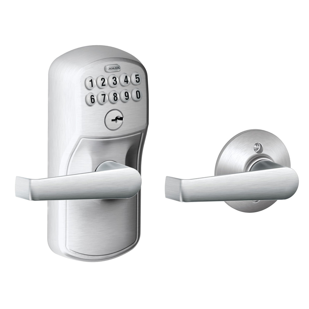 Schlage front view of Plymouth lever showing satin chrome finish and secure look