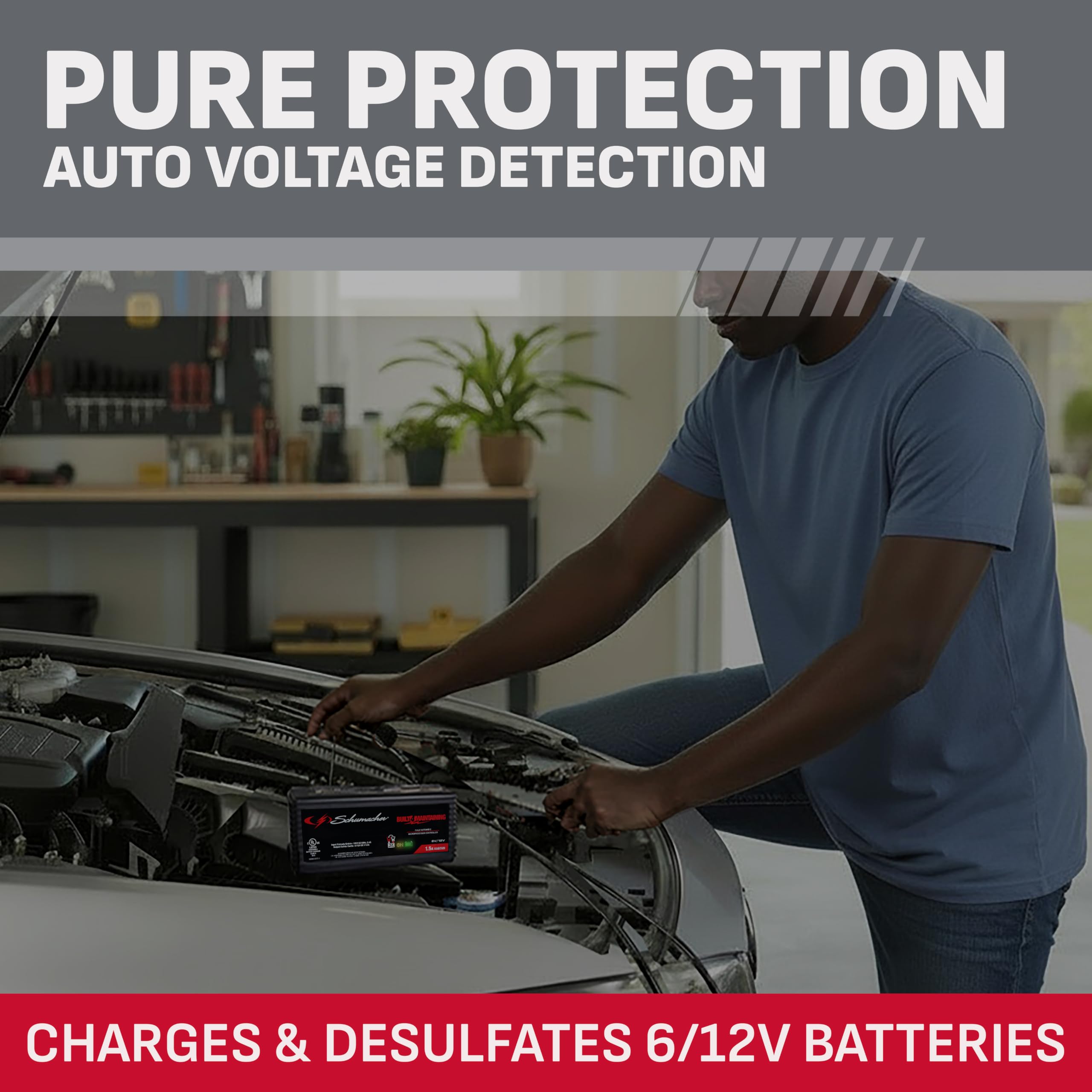 Schumacher Electric close-up of label and specifications for confident purchase decision