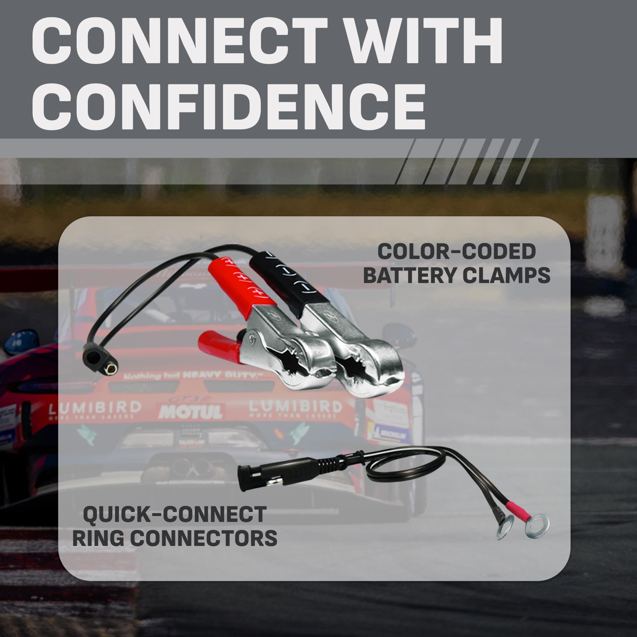 Schumacher Electric charger with power cord and booster cables demonstrating practical reach