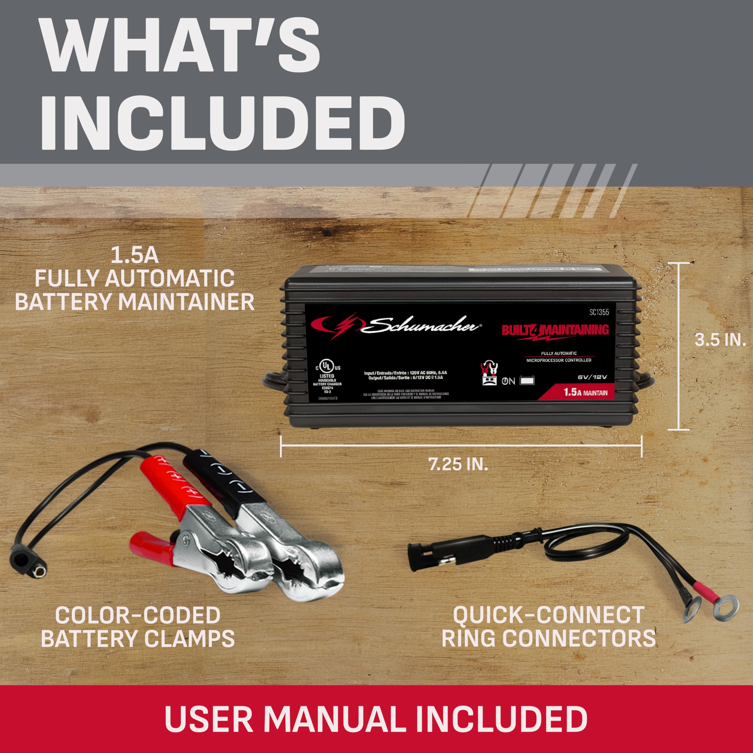 Schumacher Electric charger placed on garage workbench illustrating everyday maintenance use