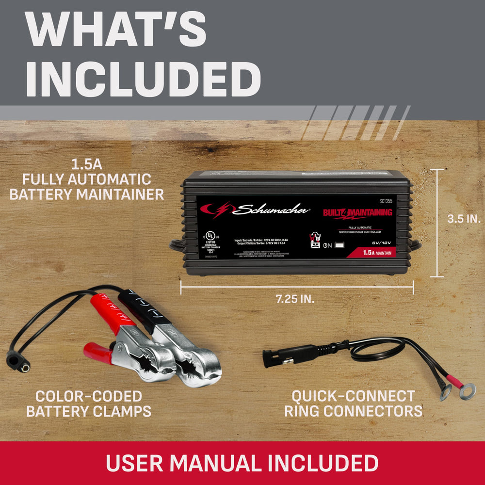 Schumacher Electric charger placed on garage workbench illustrating everyday maintenance use