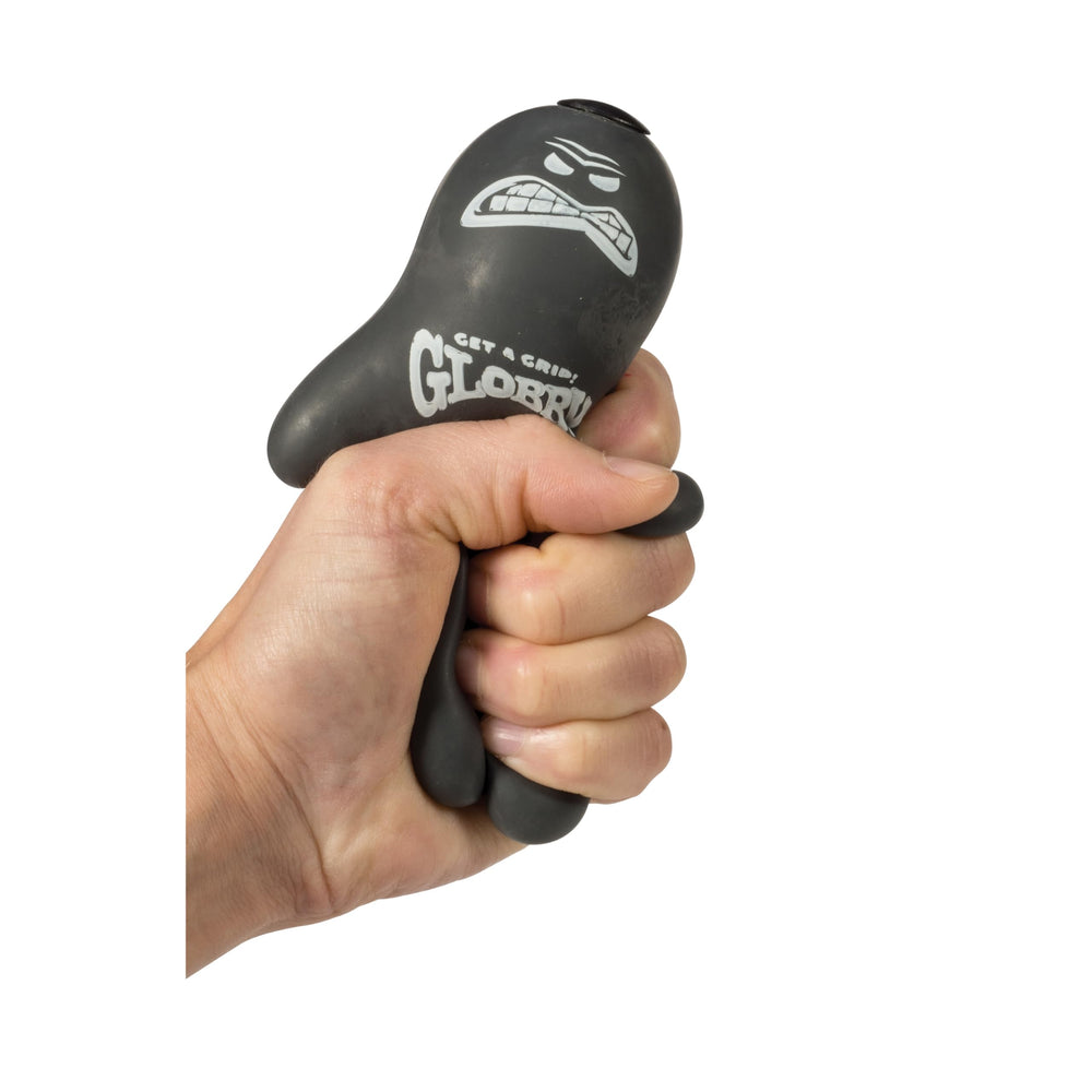 Schylling Globby held in hand to show scale and portable grip-training advantage