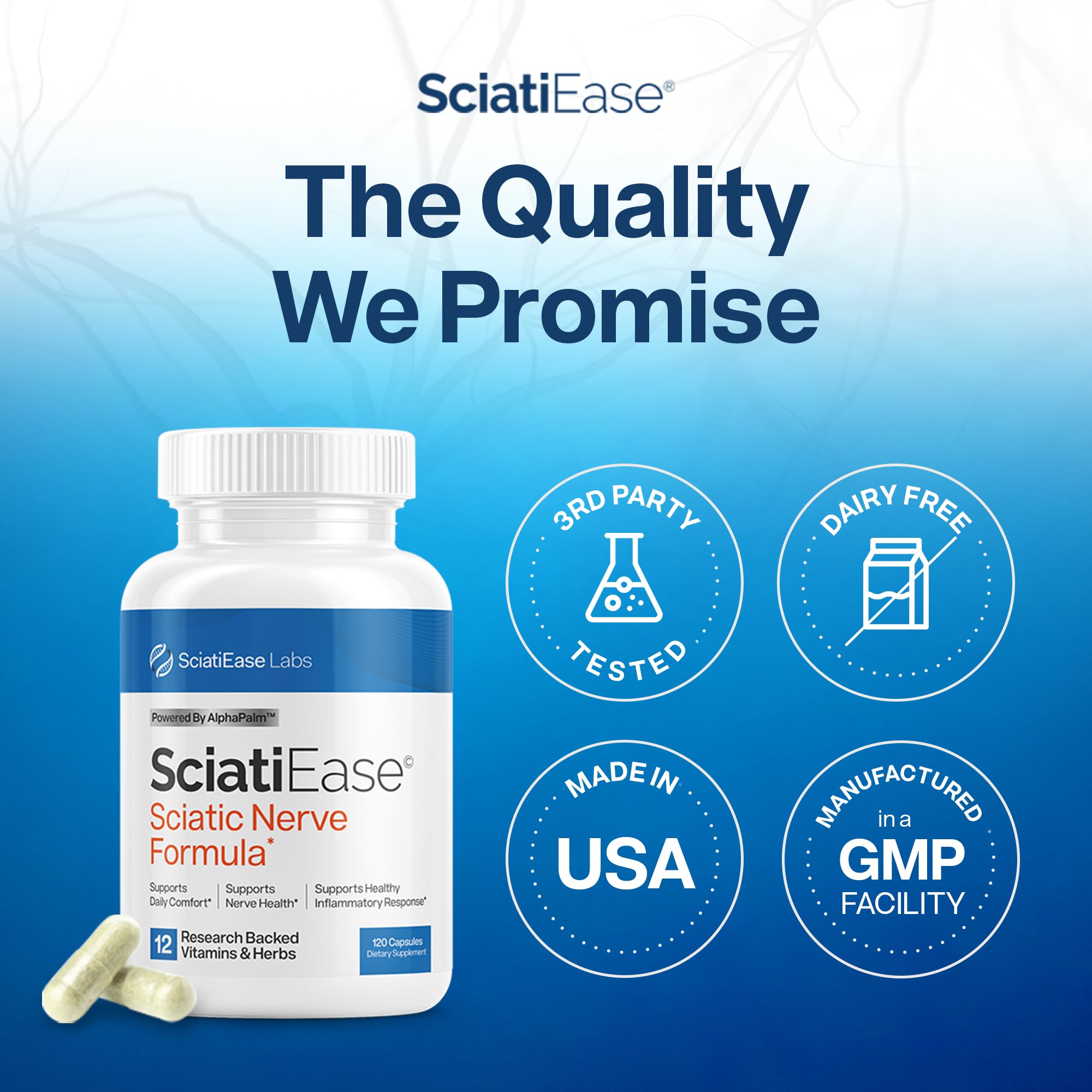 Hand holding SciatiEase bottle to show scale and daily-use portability benefit