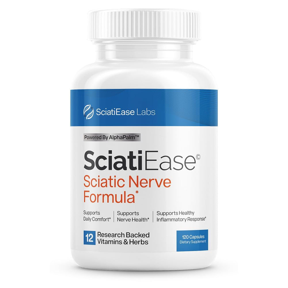 SciatiEase front packaging showing bottle and label for clear product ID and trust