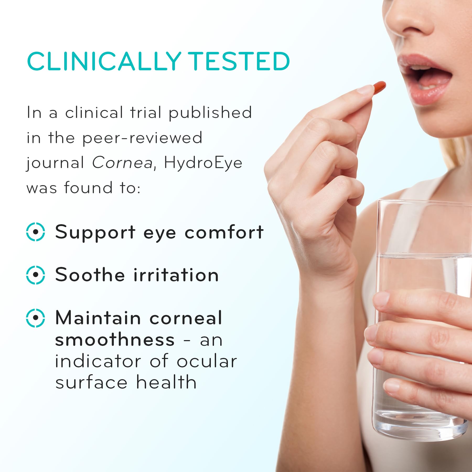 ScienceBased Health HydroEye open bottle with 120 softgels indicating supply
