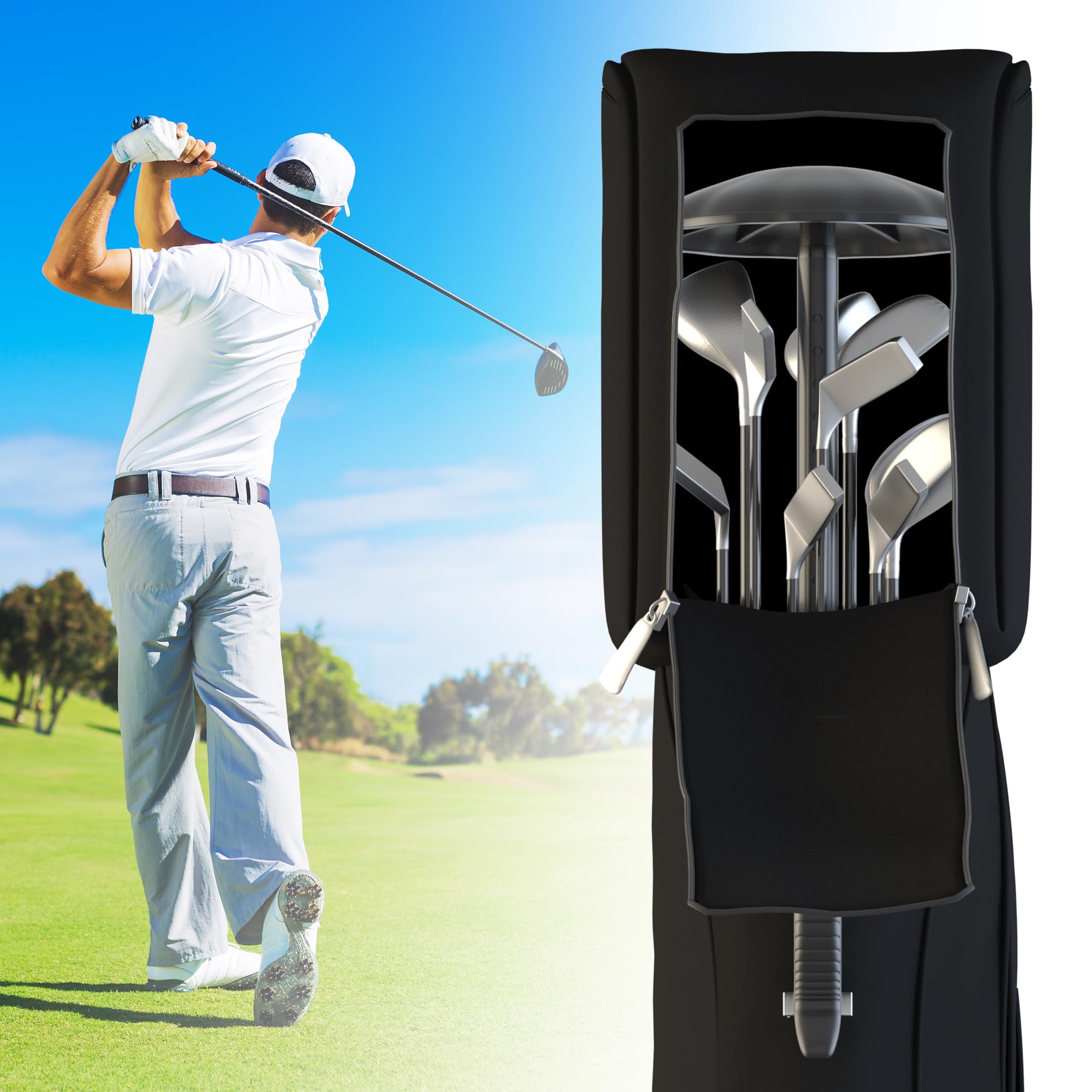 Scisum pole packed with golf bag in airport setting for travel-ready protection benefit