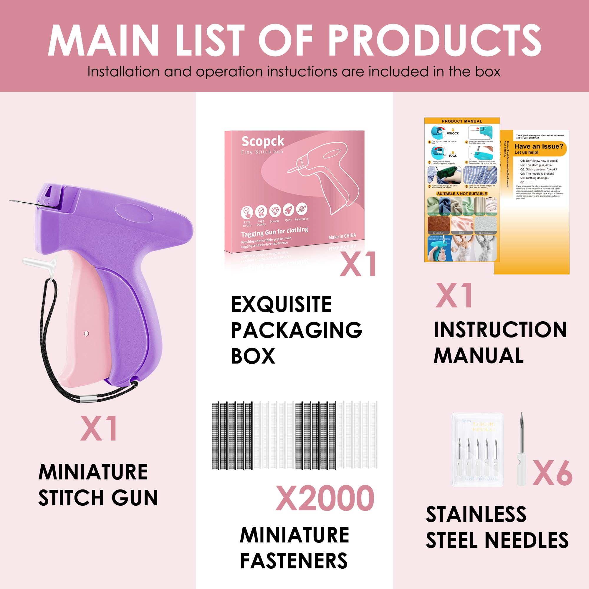 Scopck six spare needles and fasteners laid out for convenient replacement readiness