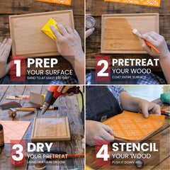 Scorch Marker painted stencil on wood before heat, enables crisp repeatable designs