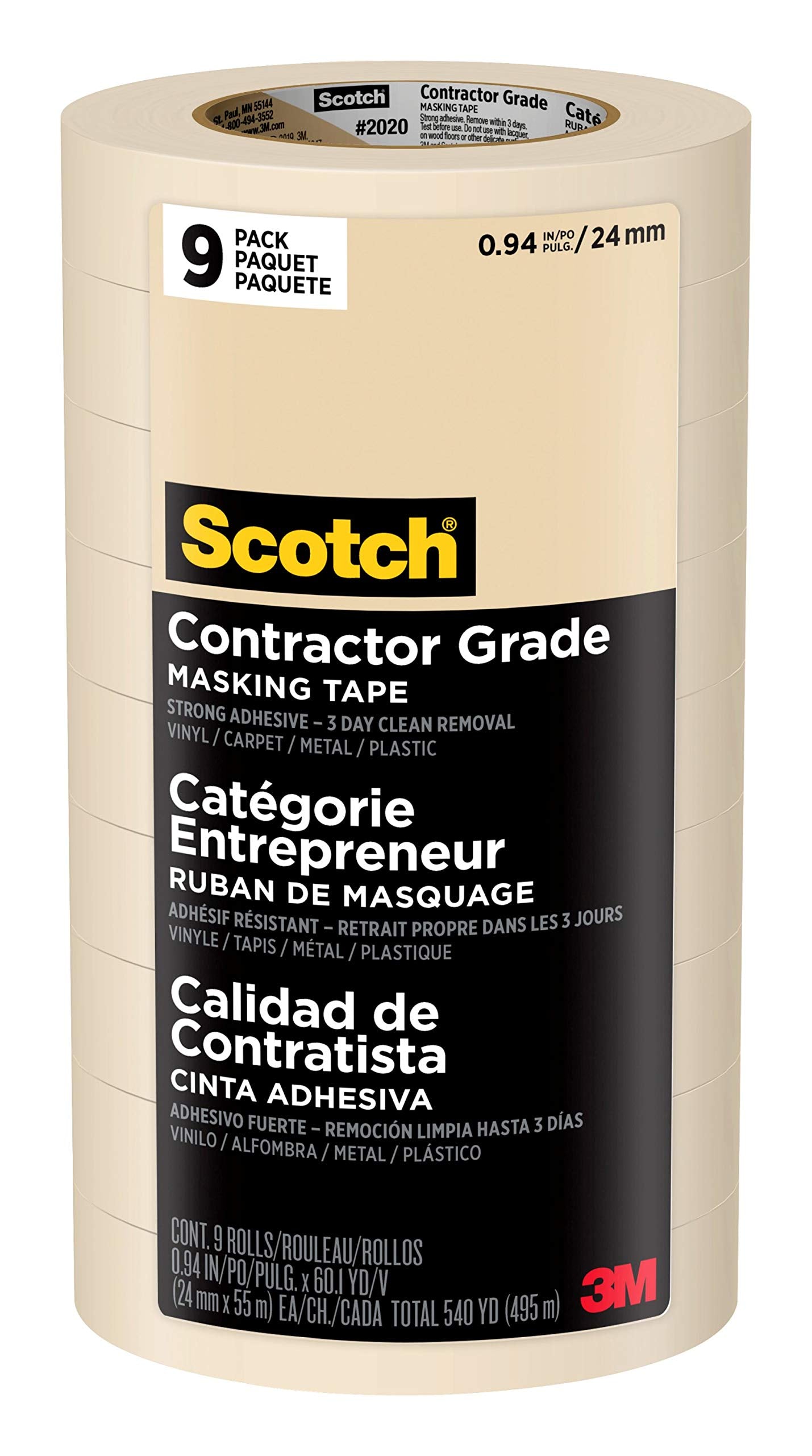 Scotch contractor tape front pack showing nine rolls and label benefits