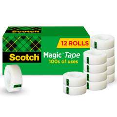Scotch Magic tape front packaging showing 12-roll set and durable supply