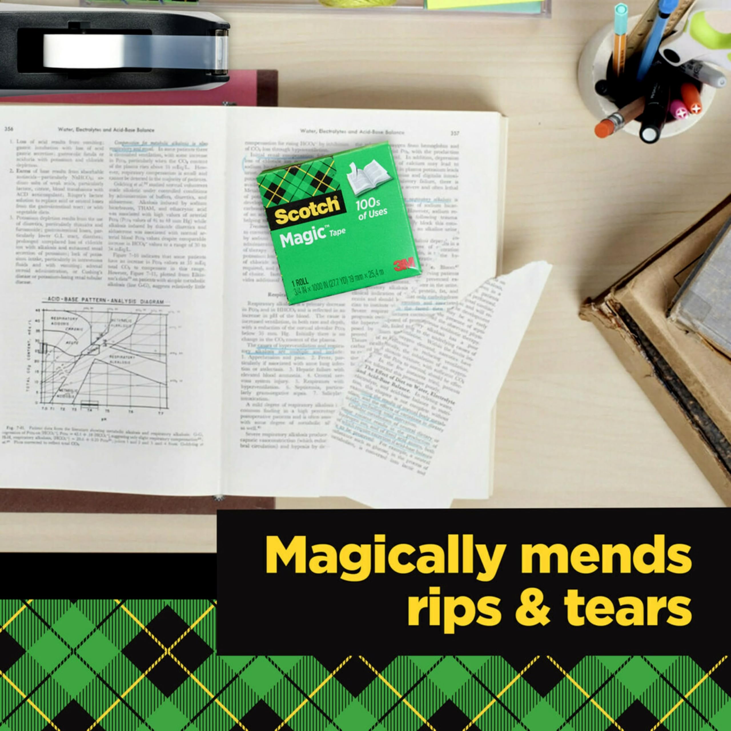 Scotch Magic roll beside a ruler illustrating 0.75-inch width and scale