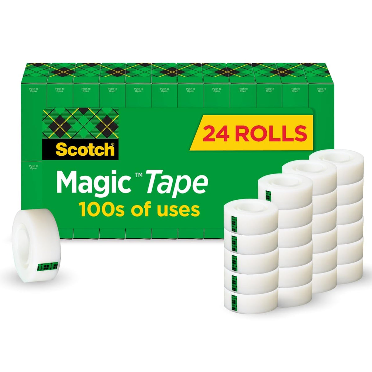 Scotch Magic Tape front packaging showing 24-roll bundle and brand benefits
