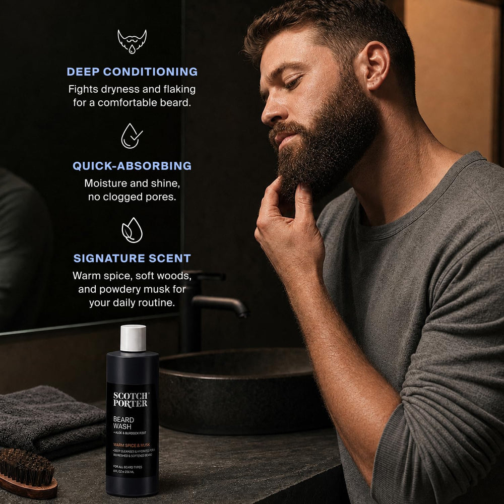 Bathroom shelf with Scotch Porter and grooming tools, suggests daily routine integration