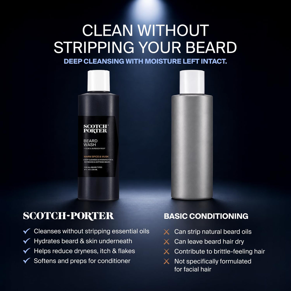 Close-up of Scotch Porter beard wash texture on hand, shows creamy hydration benefit