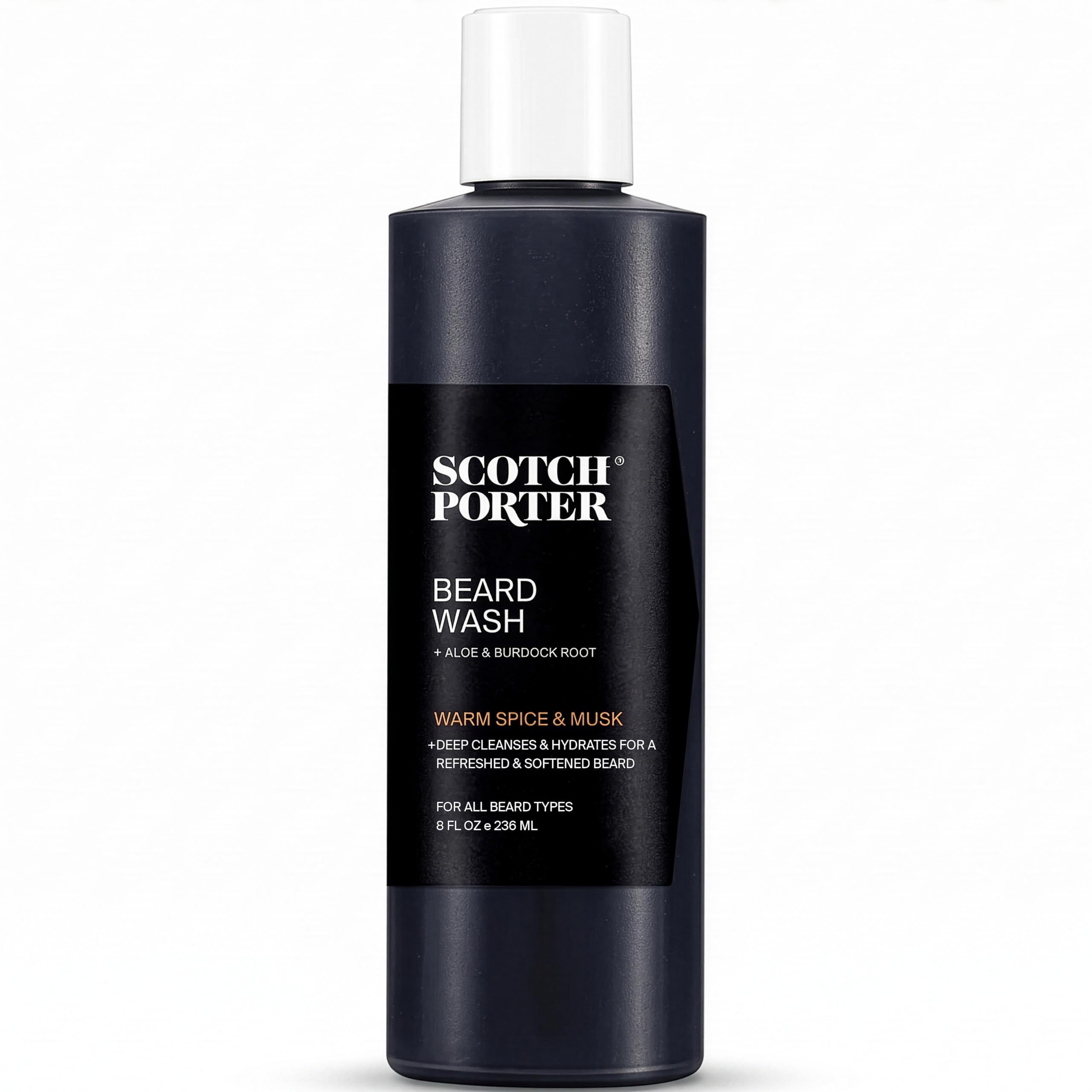 Scotch Porter bottle front view showing warm spice and musk scent, conveys premium grooming