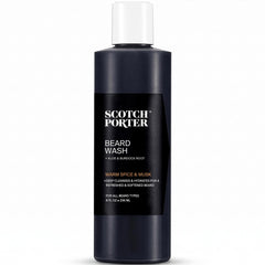 Scotch Porter bottle front view showing warm spice and musk scent, conveys premium grooming