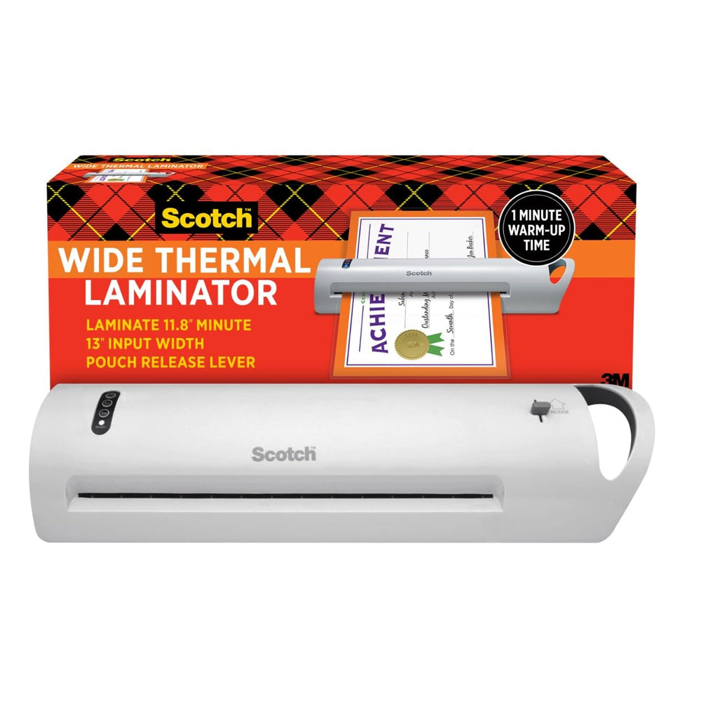 Scotch laminator front view showing compact design and wide 13 inch input for versatility