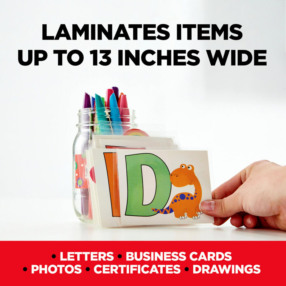 Scotch laminator next to ruler and paper to show 13 inch width capacity clearly
