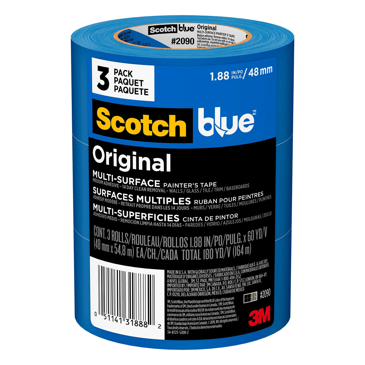 ScotchBlue 2-inch pack front view showing three rolls and clear labeling benefit clean lines
