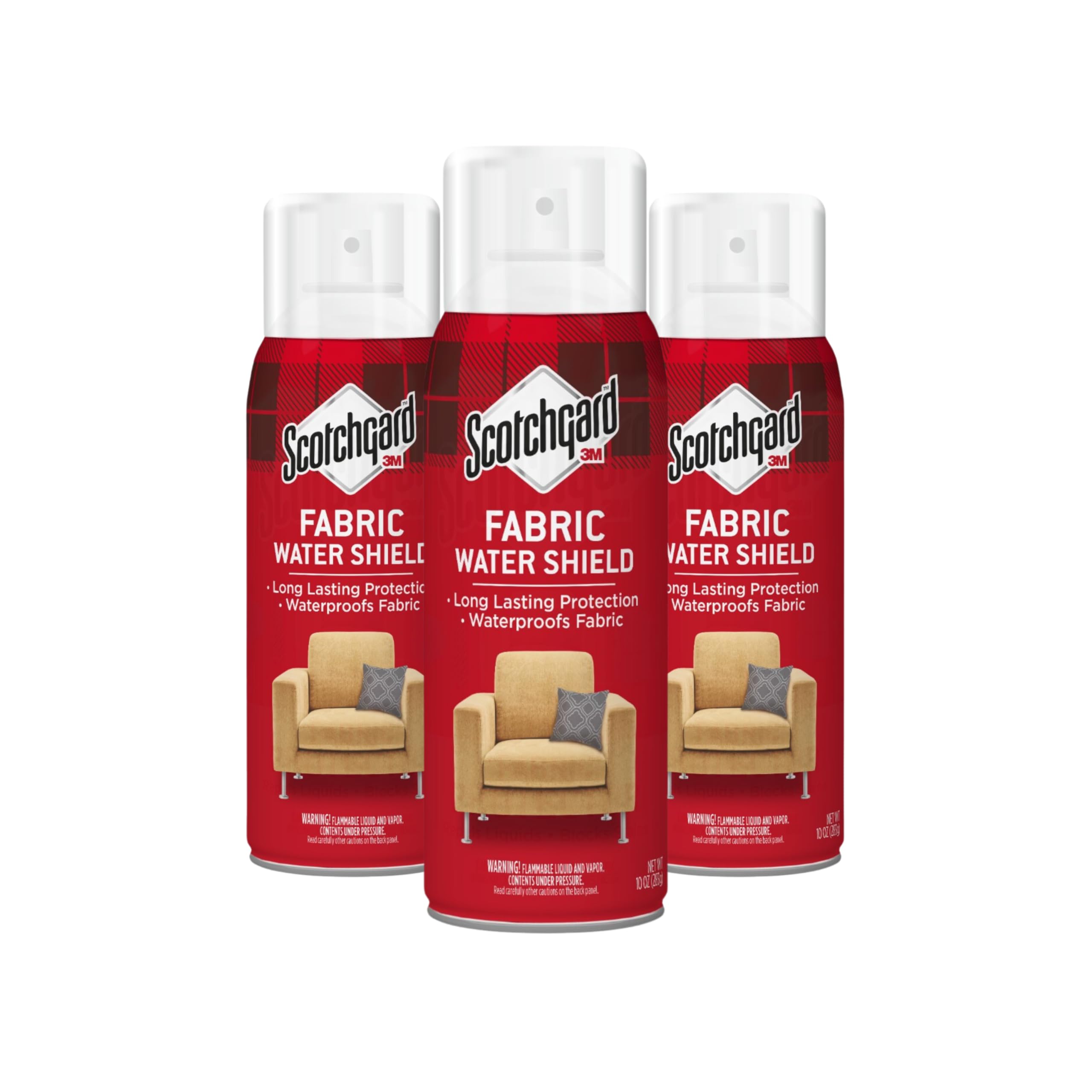 Scotchgard front packaging showing three 10 oz cans for versatile protection