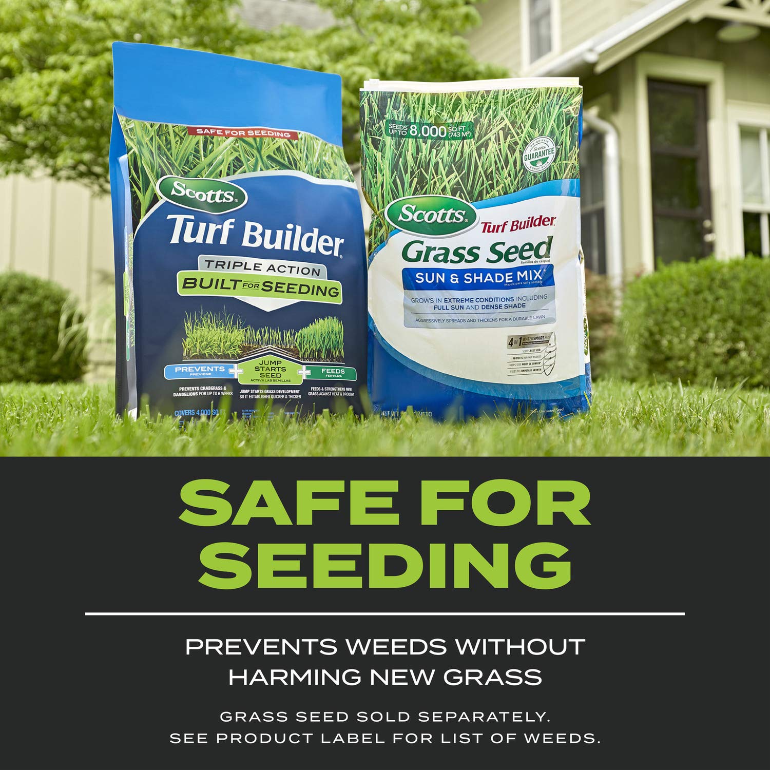 Scotts 17.2 lb bag next to yard tools showing scale and value benefit