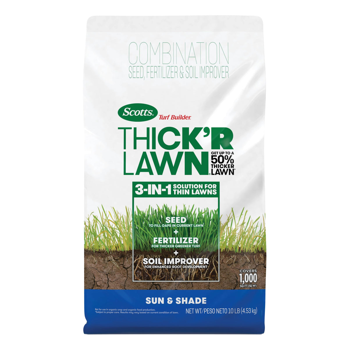 Scotts Thick'r Lawn front packaging showing product and coverage benefit