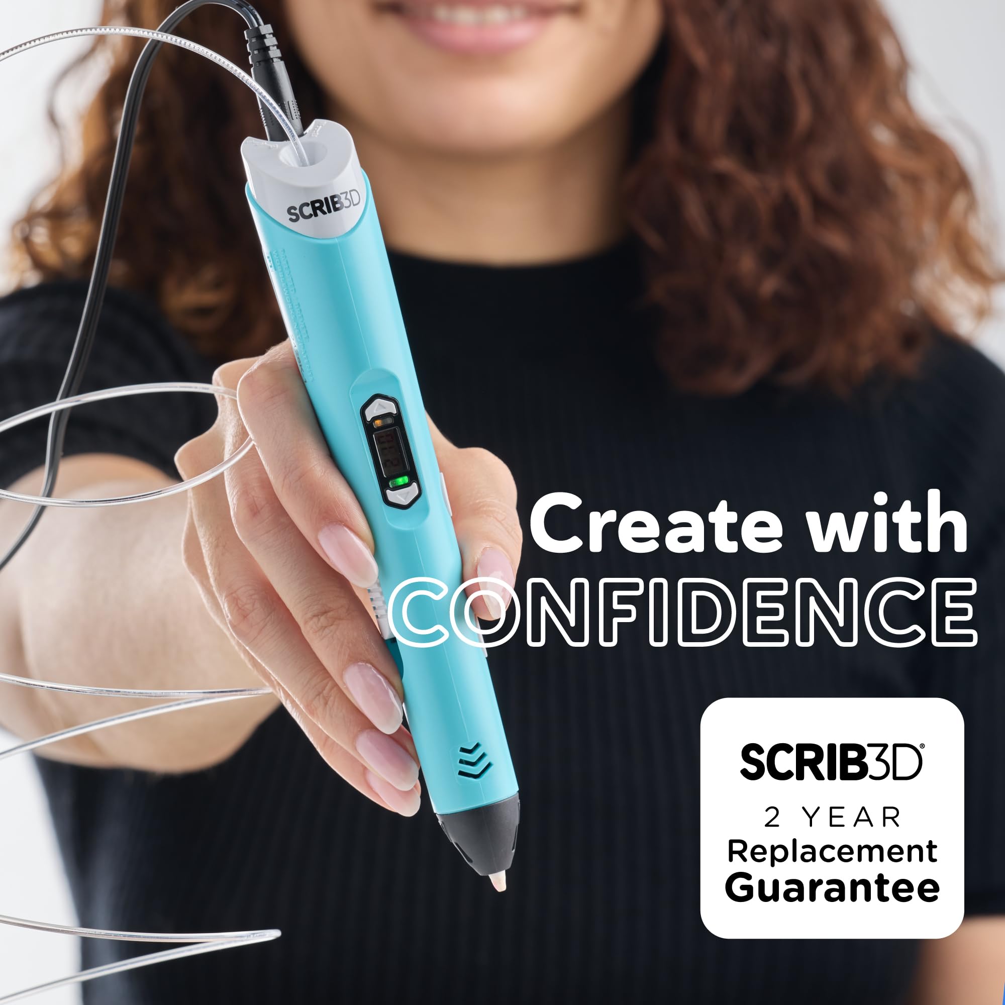 SCRIB3D pen held in hand showing size and scale, compact comfortable grip benefit
