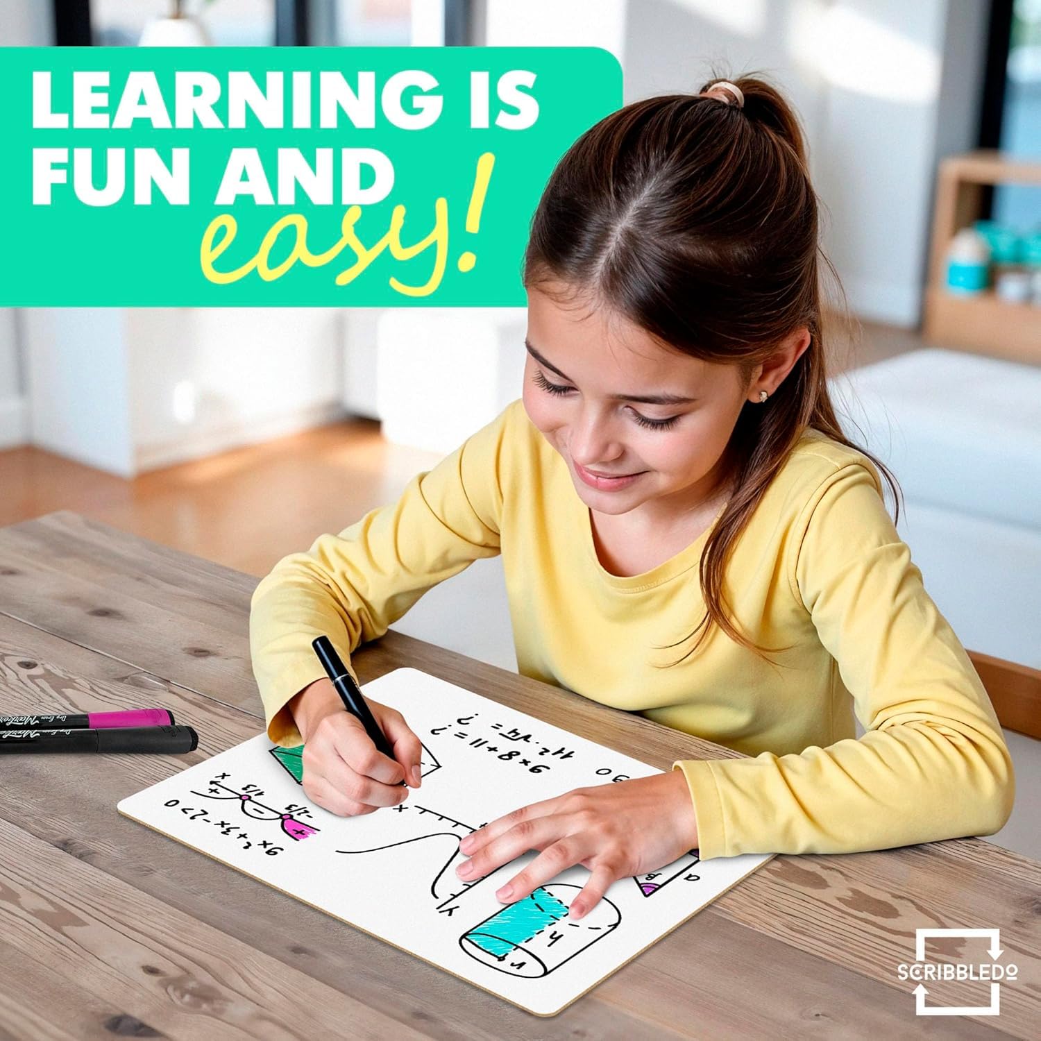 Scribbledo board with math writing sample aiding visual math practice benefit