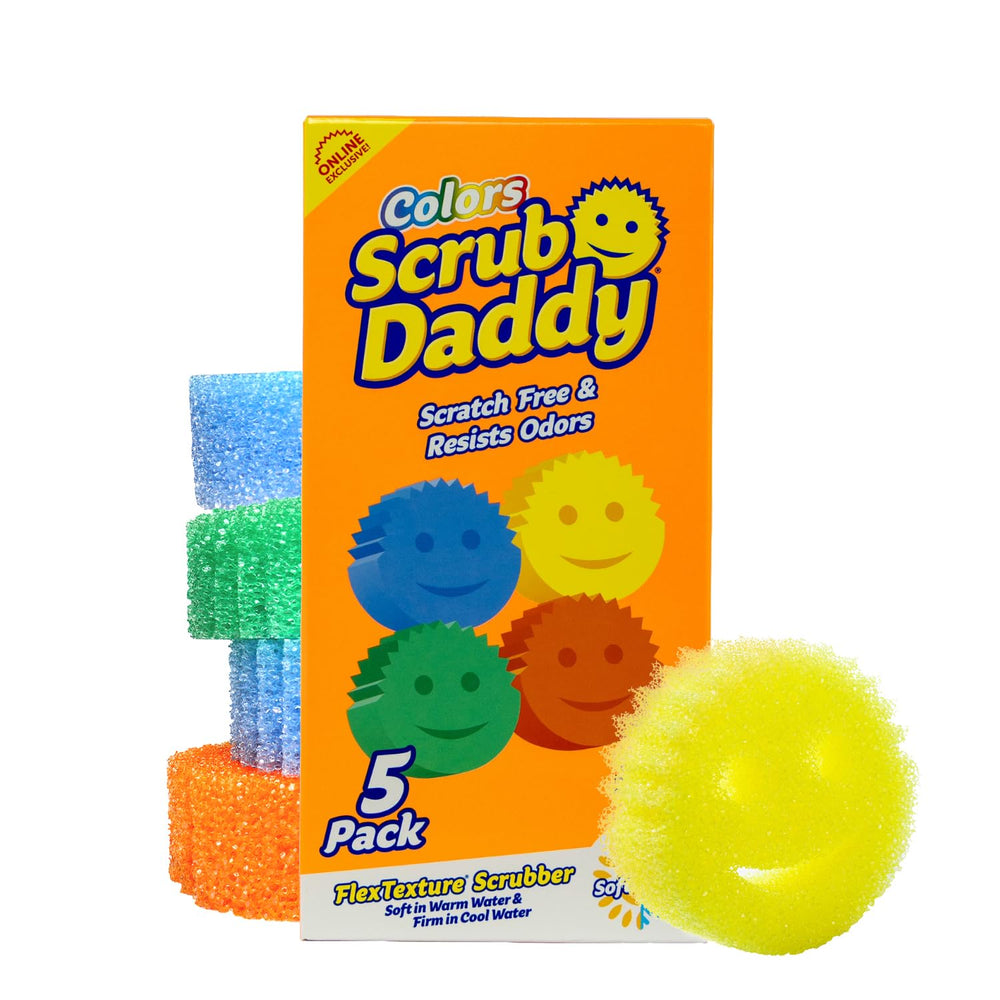 Scrub Daddy front packaging showing 5-count bulk sponges and brand logo for organized cleaning