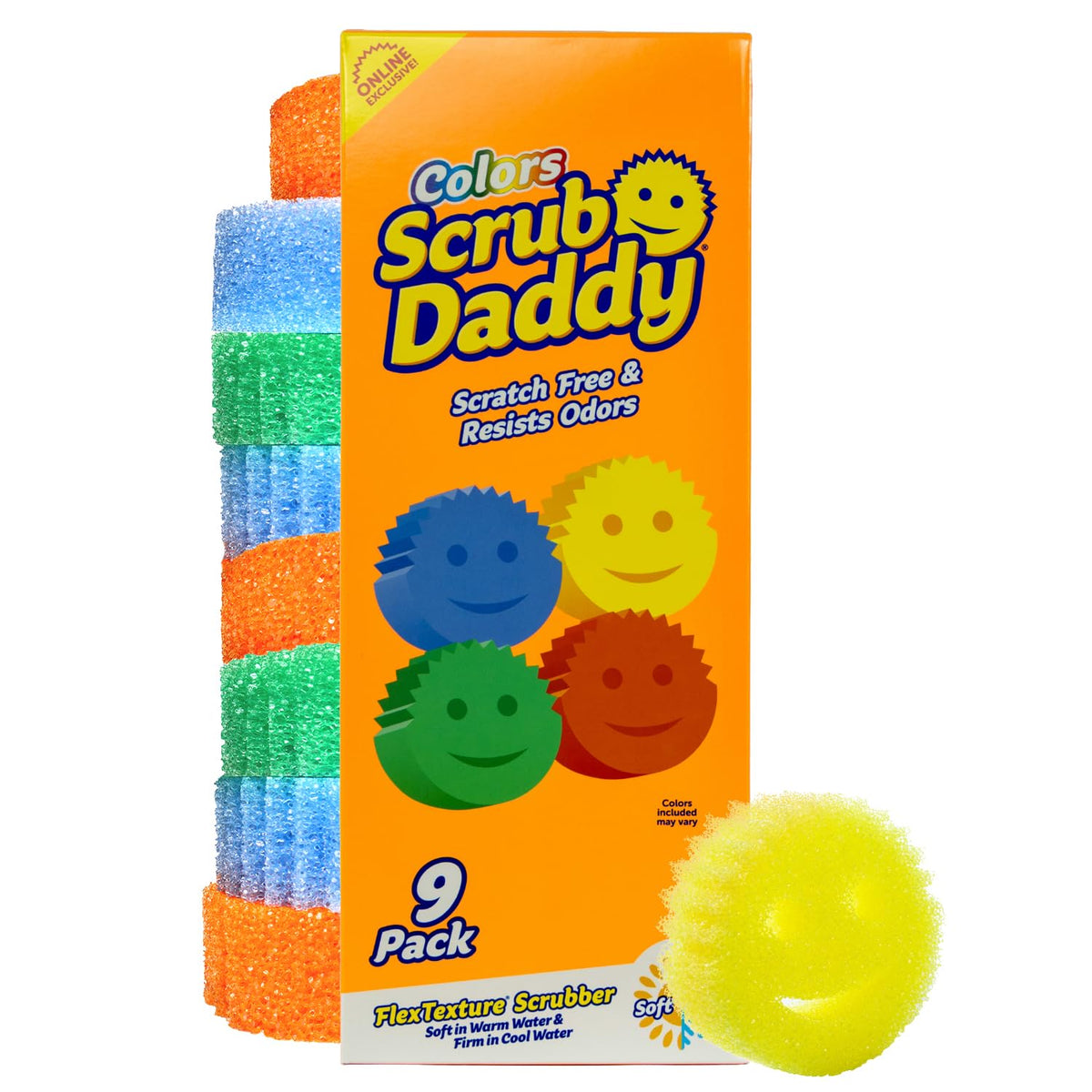 Scrub Daddy front packaging showing nine colorful sponges and bulk value