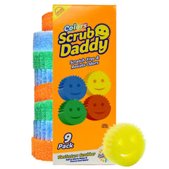 Scrub Daddy front packaging showing nine colorful sponges and bulk value