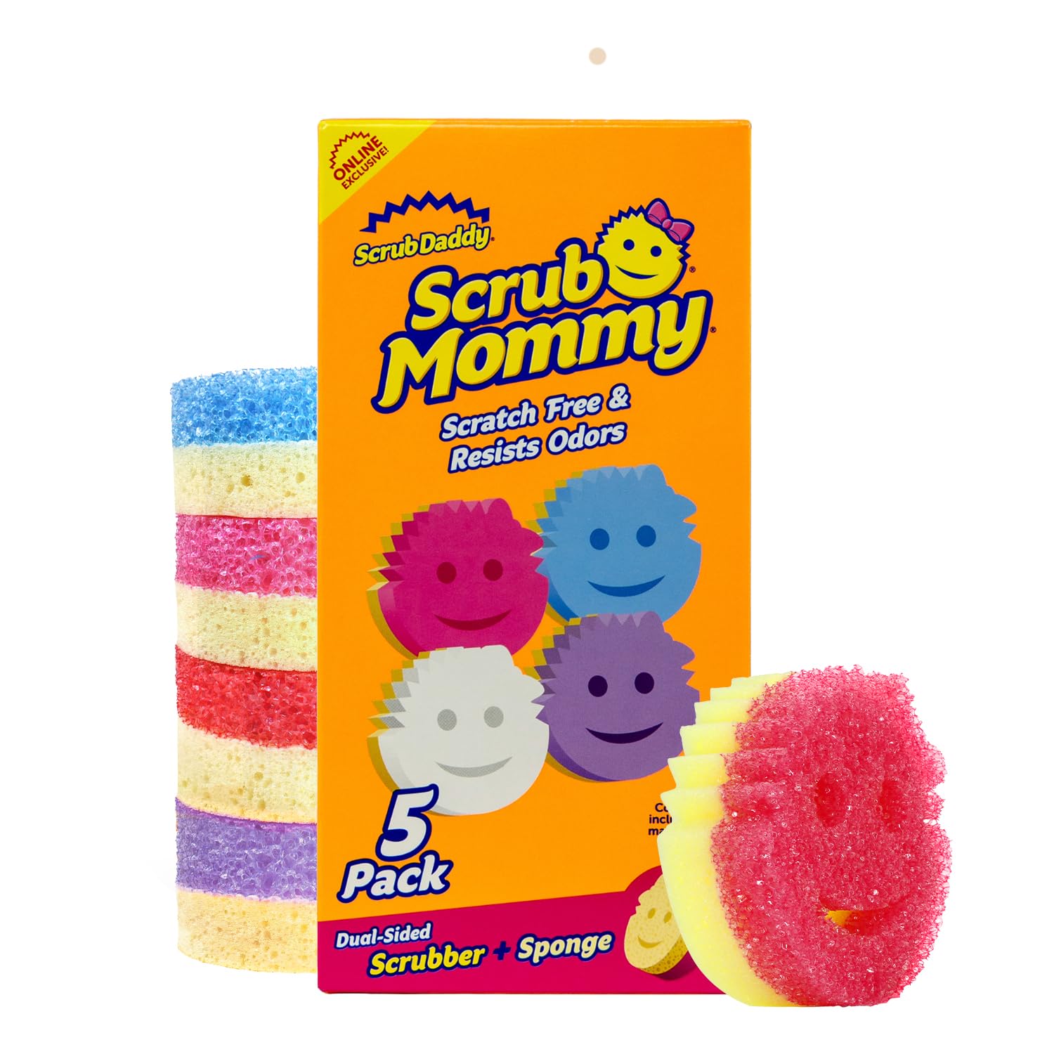 Scrub Daddy showing front packaging and five-count bulk benefits