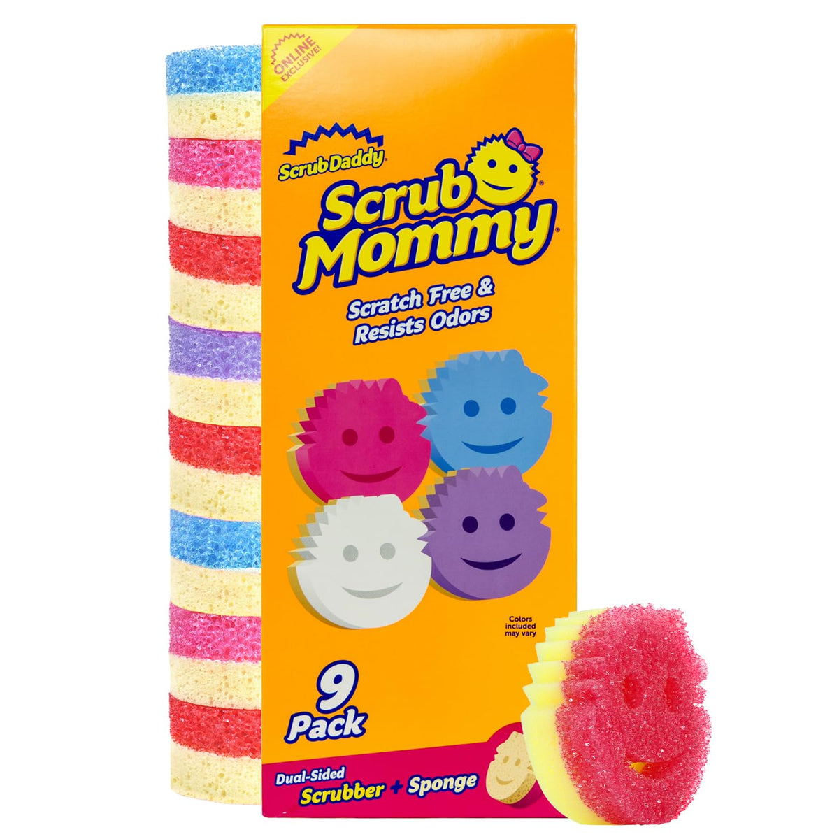 Scrub Daddy Scrub Mommy front packaging showing colorful nine-pack and clear benefits