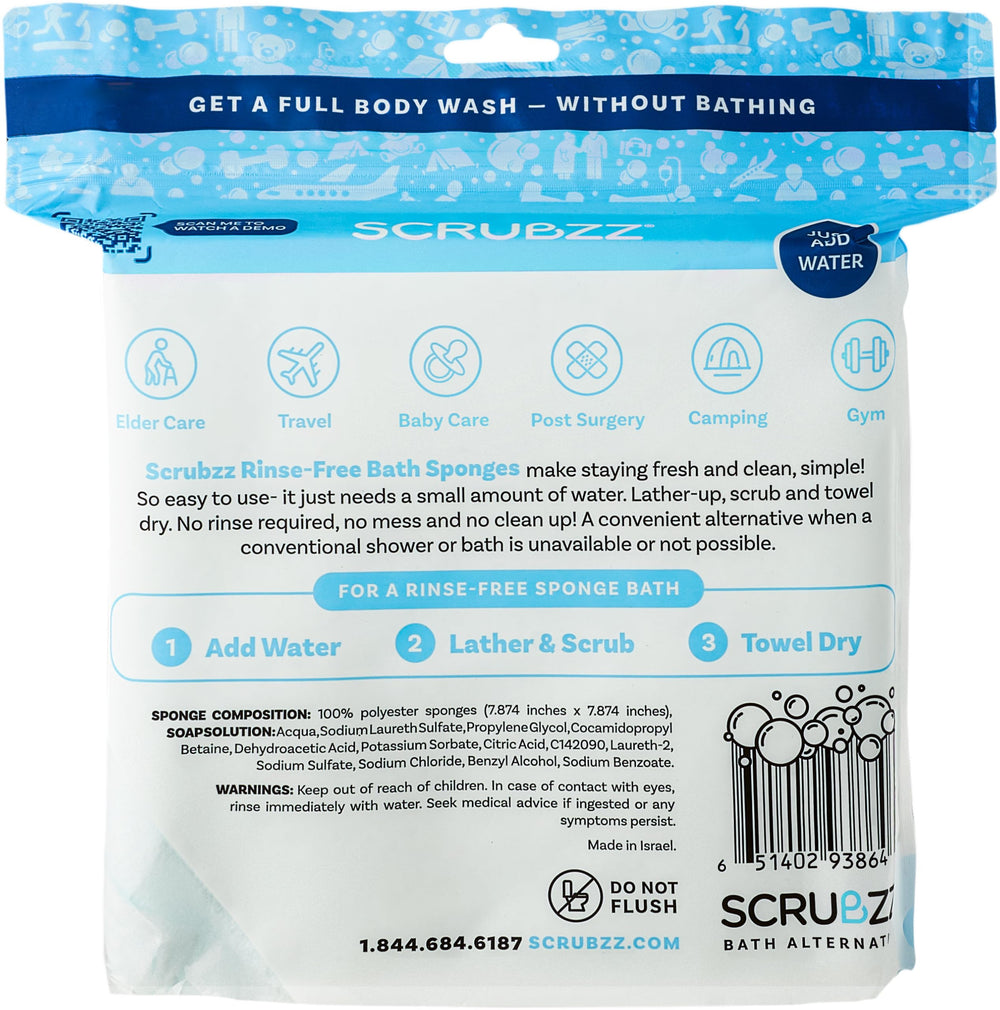 Scrubzz bedside pack next to a bed illustrating easy caregiving benefit